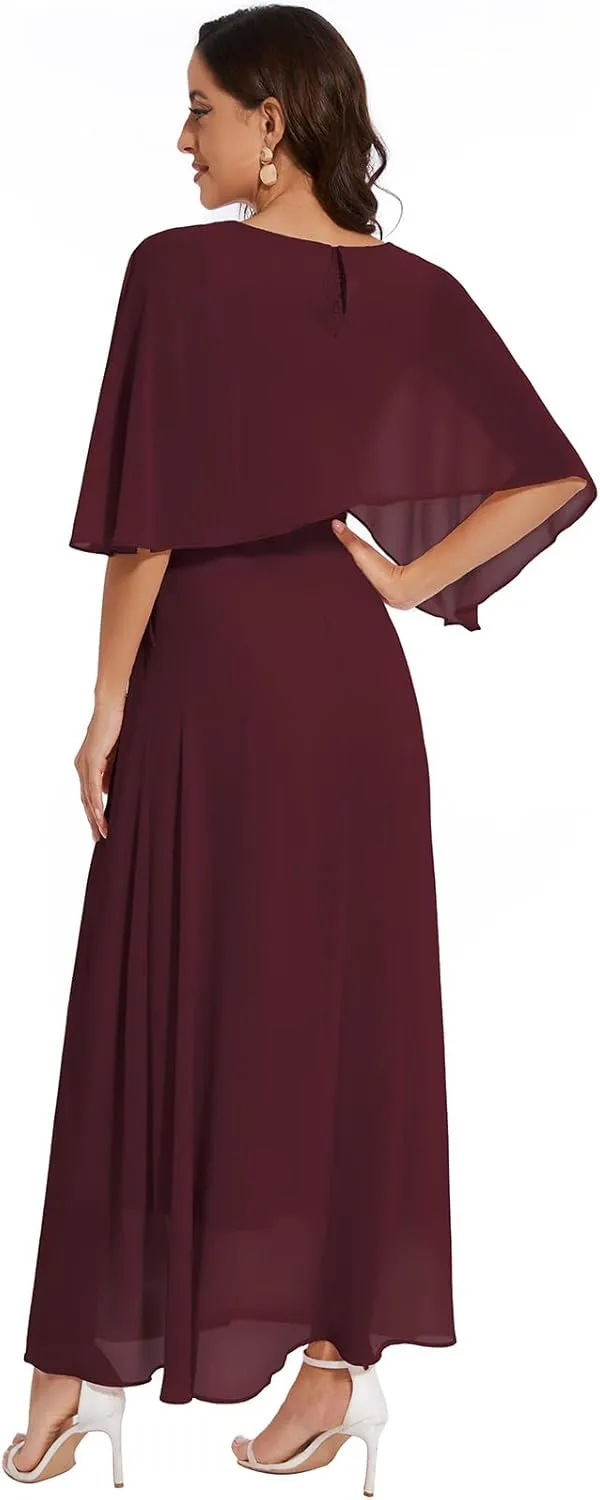 Women Sleeveless Cape Dress with Chiffon Overlay Lace Wedding Guest Cocktail Party Gowns Dress