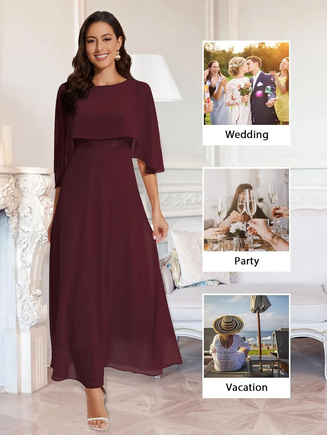 Women Sleeveless Cape Dress with Chiffon Overlay Lace Wedding Guest Cocktail Party Gowns Dress