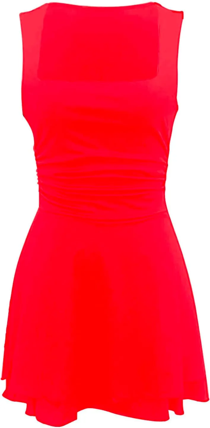 Women Summer Mini Dress 2025 Fashion Square Neck Pleated Mini Dresses Casual Fashion Elegant Sexy Ruffle Party Dress