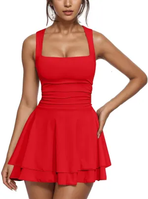 Women Summer Mini Dress 2025 Fashion Square Neck Pleated Mini Dresses Casual Fashion Elegant Sexy Ruffle Party Dress