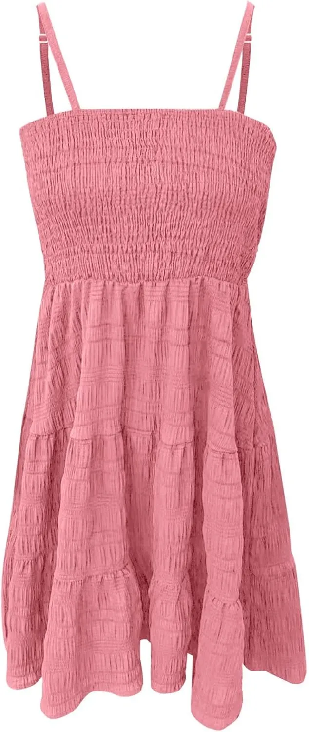 Women Summer Mini Dresses Square Neck Spaghetti Strap Sundress Casual Sleeveless A Line Tiered Beach Graduation Dress