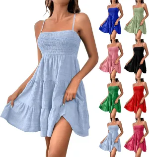 Women Summer Mini Dresses Square Neck Spaghetti Strap Sundress Casual Sleeveless A Line Tiered Beach Graduation Dress