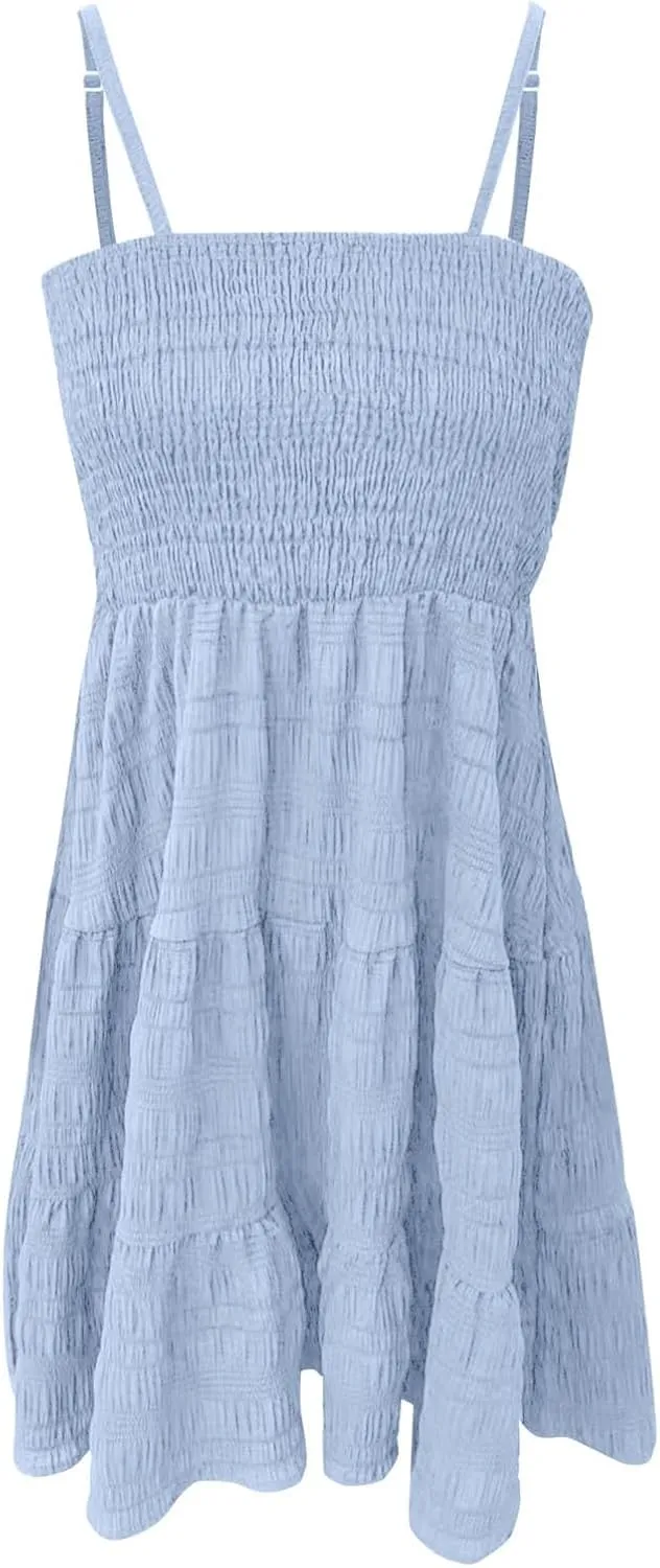 Women Summer Mini Dresses Square Neck Spaghetti Strap Sundress Casual Sleeveless A Line Tiered Beach Graduation Dress