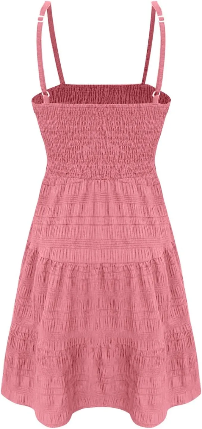 Women Summer Mini Dresses Square Neck Spaghetti Strap Sundress Casual Sleeveless A Line Tiered Beach Graduation Dress