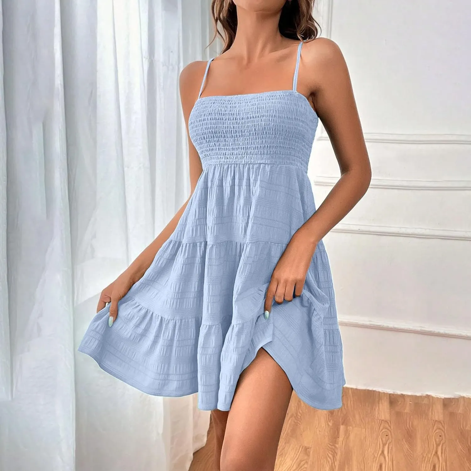 Women Summer Mini Dresses Square Neck Spaghetti Strap Sundress Casual Sleeveless A Line Tiered Beach Graduation Dress