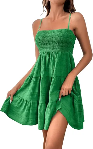 Women Summer Mini Dresses Square Neck Spaghetti Strap Sundress Casual Sleeveless A Line Tiered Beach Graduation Dress