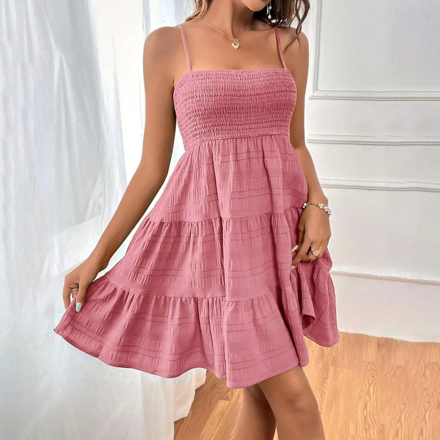 Women Summer Mini Dresses Square Neck Spaghetti Strap Sundress Casual Sleeveless A Line Tiered Beach Graduation Dress