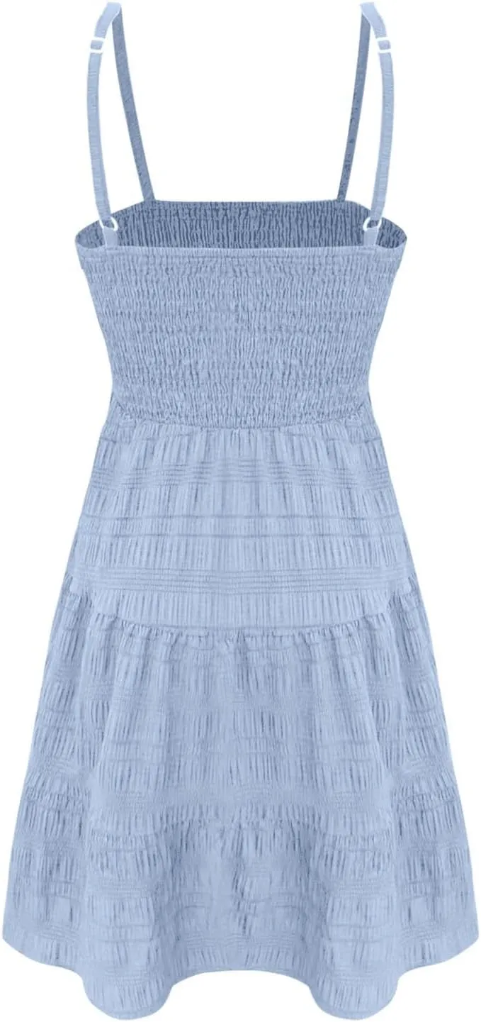 Women Summer Mini Dresses Square Neck Spaghetti Strap Sundress Casual Sleeveless A Line Tiered Beach Graduation Dress