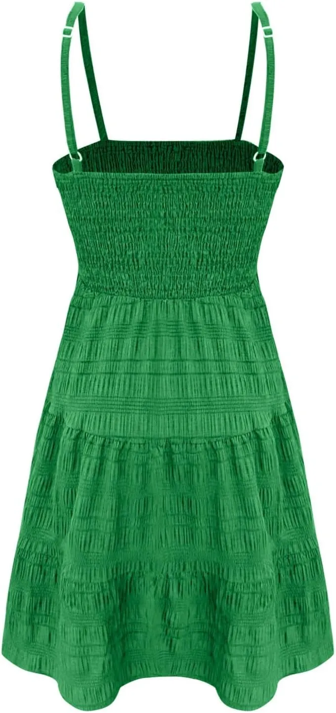 Women Summer Mini Dresses Square Neck Spaghetti Strap Sundress Casual Sleeveless A Line Tiered Beach Graduation Dress