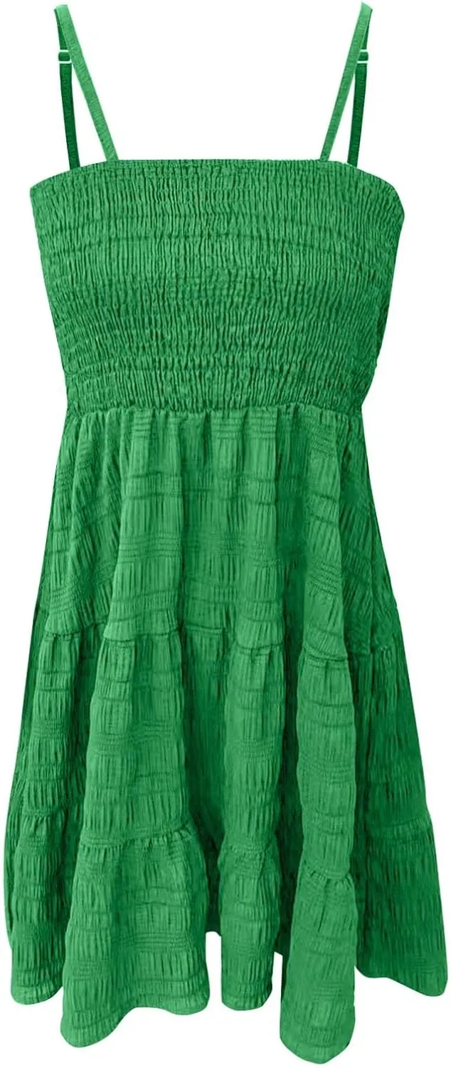 Women Summer Mini Dresses Square Neck Spaghetti Strap Sundress Casual Sleeveless A Line Tiered Beach Graduation Dress