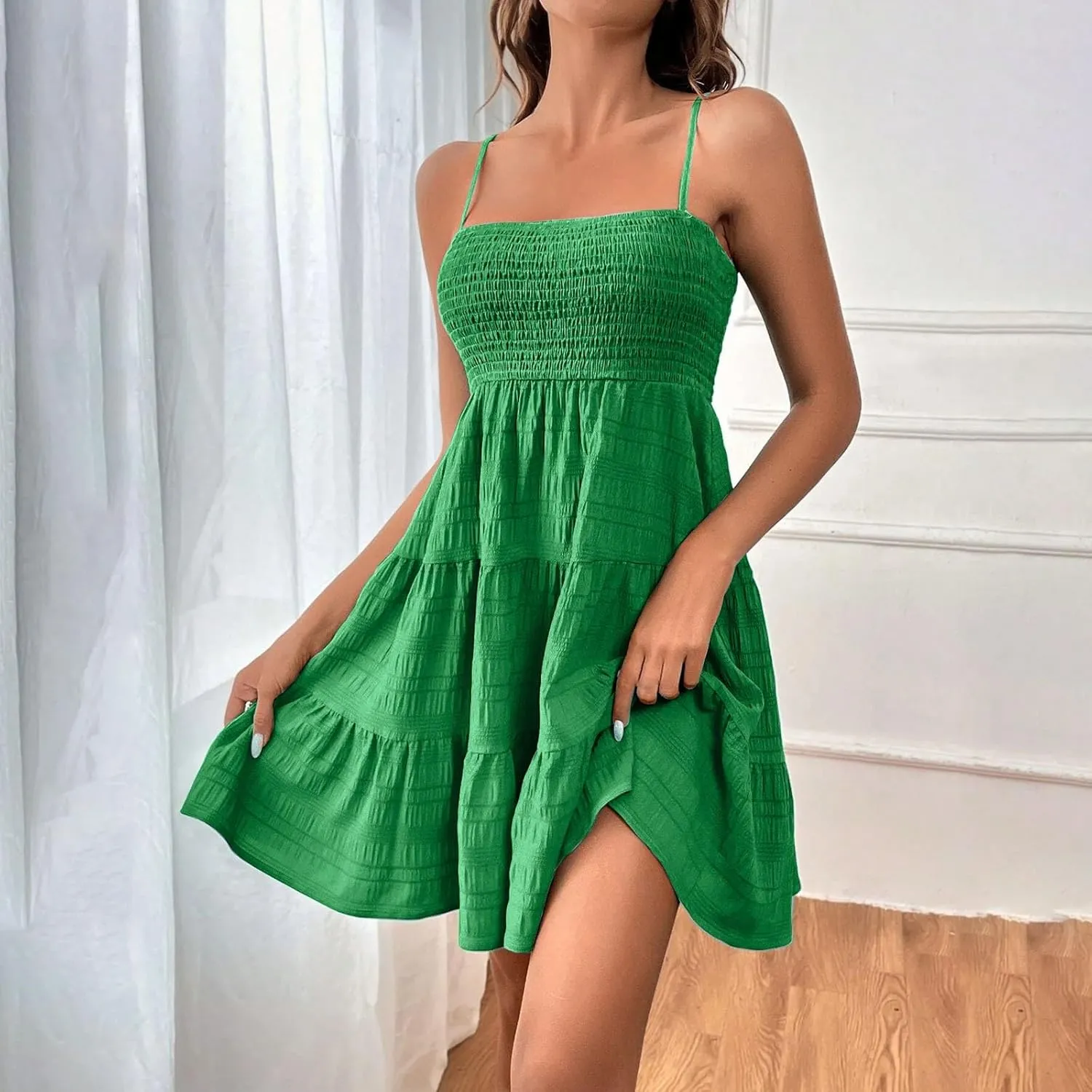 Women Summer Mini Dresses Square Neck Spaghetti Strap Sundress Casual Sleeveless A Line Tiered Beach Graduation Dress