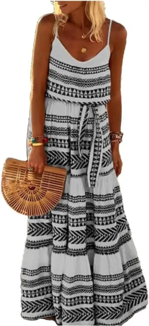 Women V Neck Floral Flowy Swing Spaghetti Strap Boho Casual Summer Beach Sundress Long Maxi Loose Dress