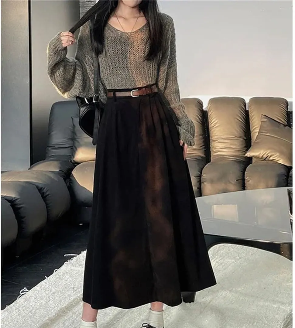 Women Vintage Belt Corduroy Midi Skirt High Waist Pleated A Line Skirts