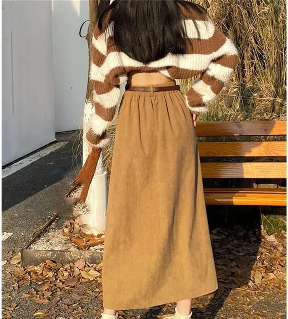 Women Vintage Belt Corduroy Midi Skirt High Waist Pleated A Line Skirts