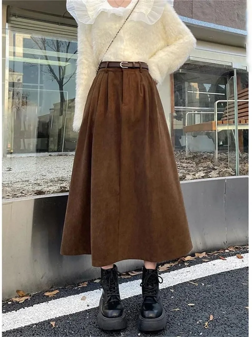 Women Vintage Belt Corduroy Midi Skirt High Waist Pleated A Line Skirts