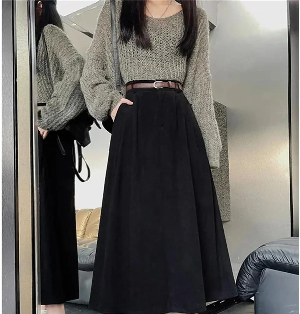 Women Vintage Belt Corduroy Midi Skirt High Waist Pleated A Line Skirts
