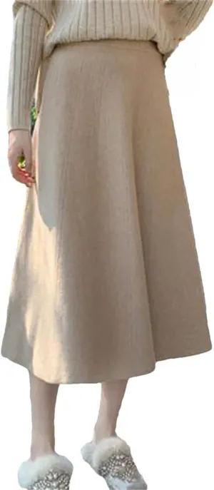 Women Winter Knitted Midi Skirt Pleated Casual Loose Skirt