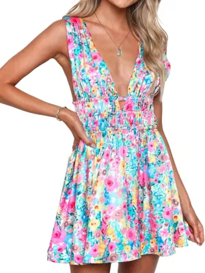 Women Y2K Floral Mini Dresses Sleeveless Low Cut Cutout Backless Dress Cute Print A-Line Party Short Dress