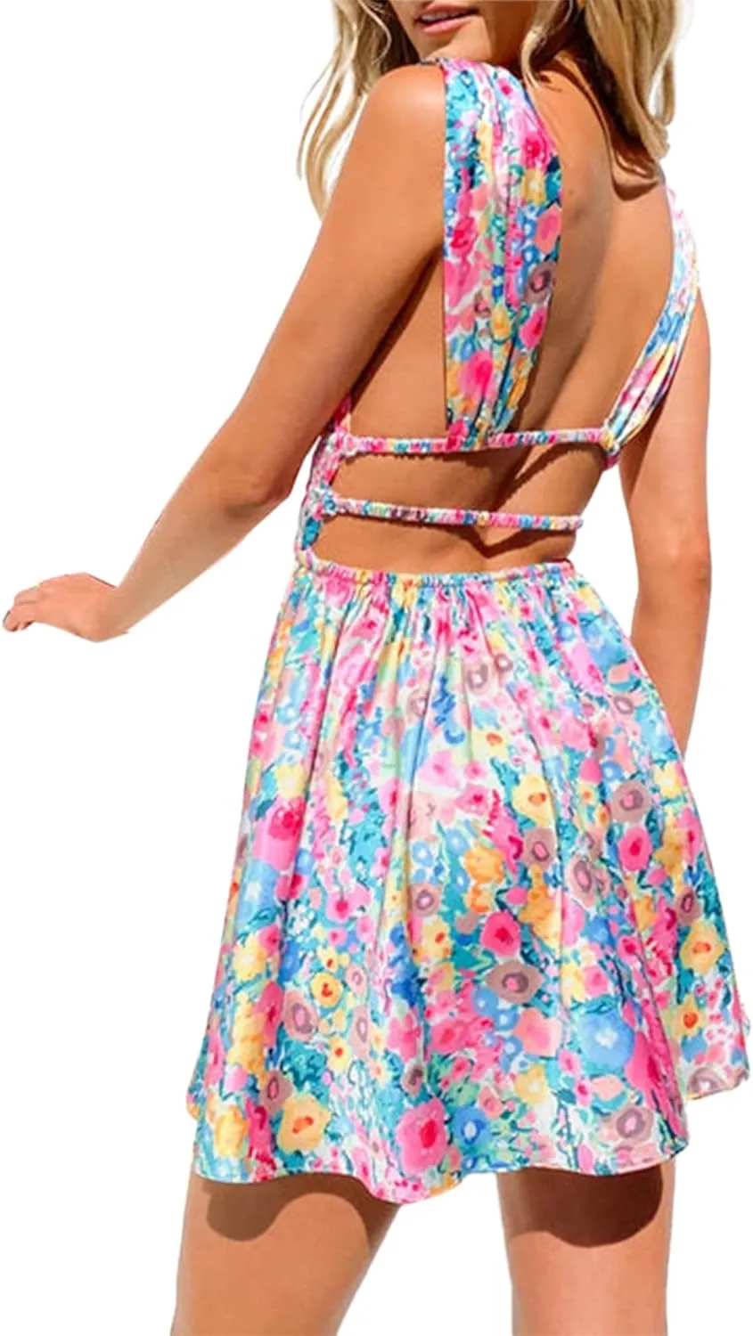 Women Y2K Floral Mini Dresses Sleeveless Low Cut Cutout Backless Dress Cute Print A-Line Party Short Dress