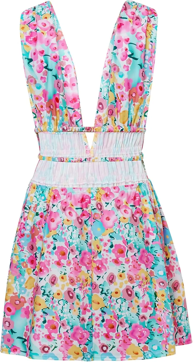 Women Y2K Floral Mini Dresses Sleeveless Low Cut Cutout Backless Dress Cute Print A-Line Party Short Dress