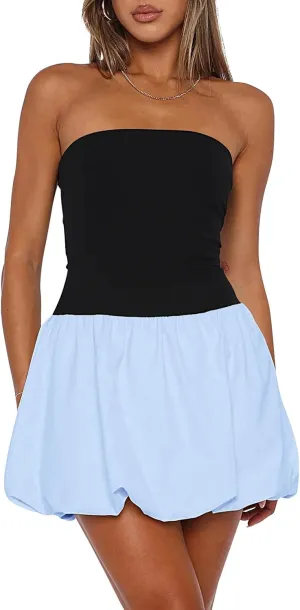 Women Y2K Puff Bubble Tube Top Dress Sexy Strapless Summer Mini Dress Wedding Club Party A Line Dress Streetwear
