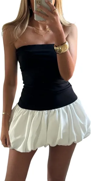 Women Y2K Puff Bubble Tube Top Dress Sexy Strapless Summer Mini Dress Wedding Club Party A Line Dress Streetwear