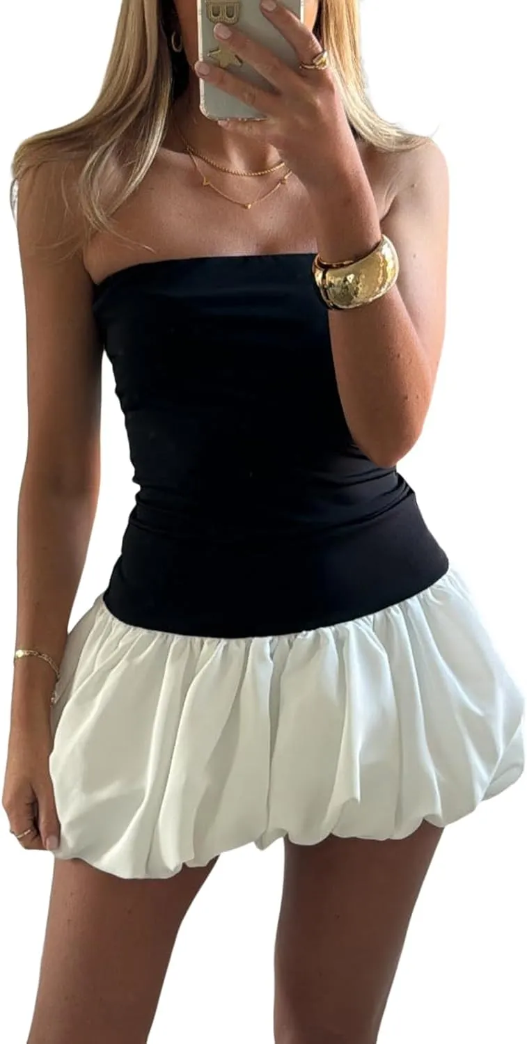 Women Y2K Puff Bubble Tube Top Dress Sexy Strapless Summer Mini Dress Wedding Club Party A Line Dress Streetwear