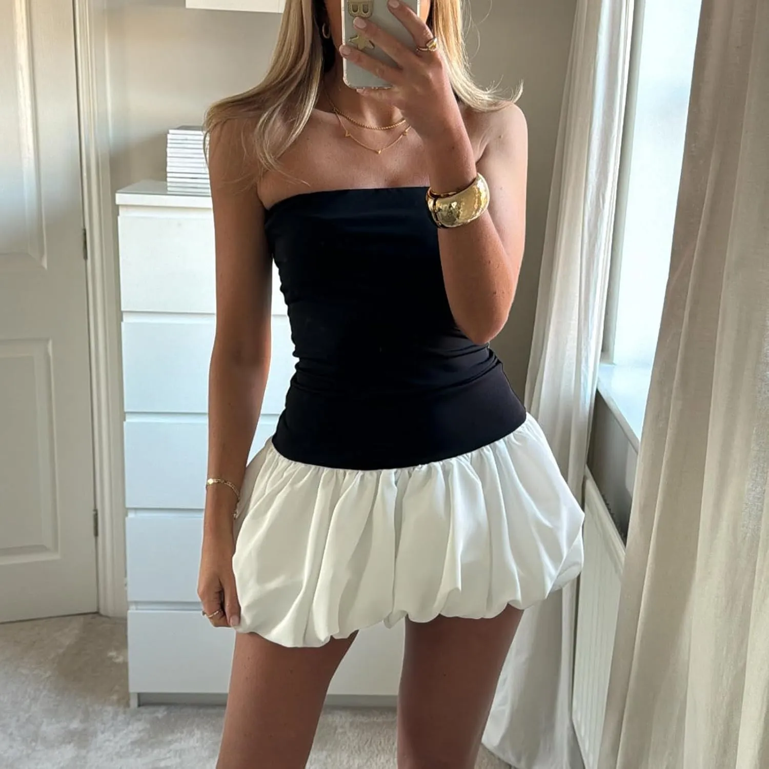 Women Y2K Puff Bubble Tube Top Dress Sexy Strapless Summer Mini Dress Wedding Club Party A Line Dress Streetwear