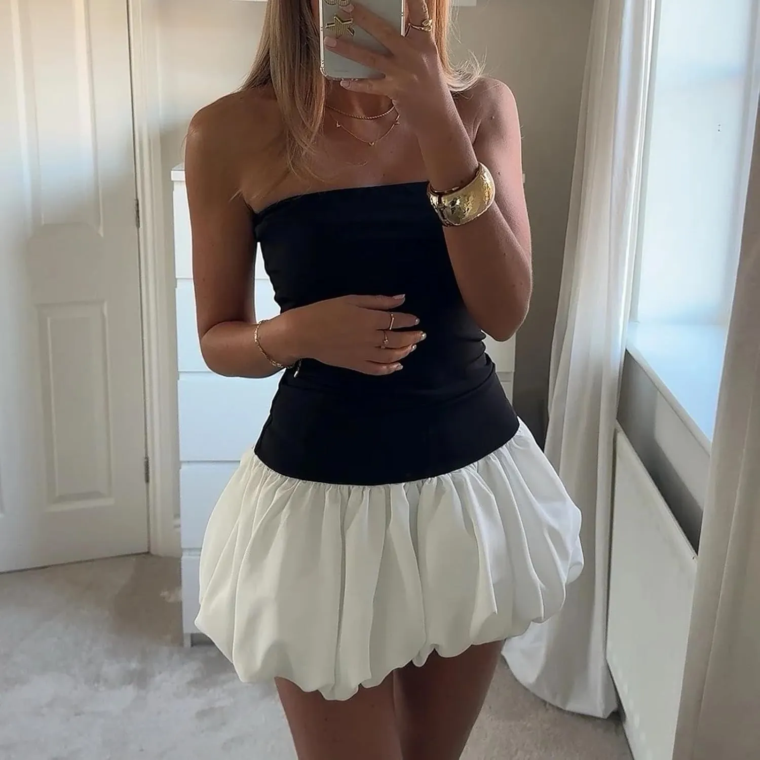 Women Y2K Puff Bubble Tube Top Dress Sexy Strapless Summer Mini Dress Wedding Club Party A Line Dress Streetwear