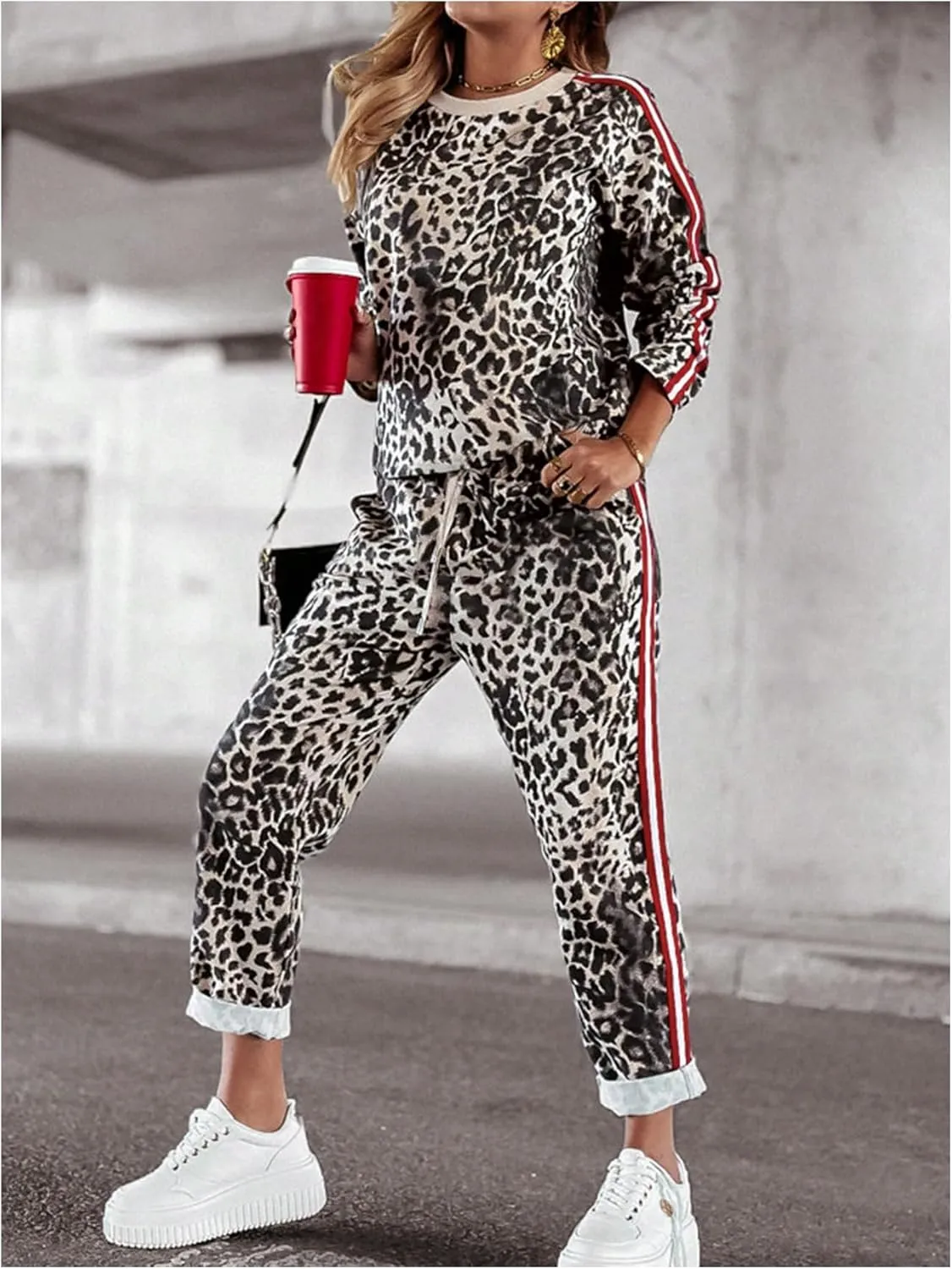 Women's 2 Piece Outfits Leopard Print Striped Sweatshirt and Drawstring Sweatpants Sets