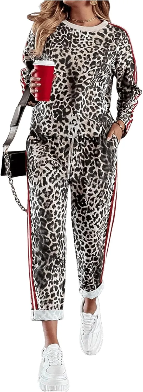 Women's 2 Piece Outfits Leopard Print Striped Sweatshirt and Drawstring Sweatpants Sets