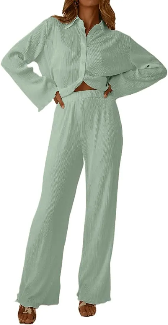 Women's 2 Piece Outfits Pleated Oversized Long Sleeve Button Down Shirts Elastic Waist Wide Leg Pant Clubwear Set