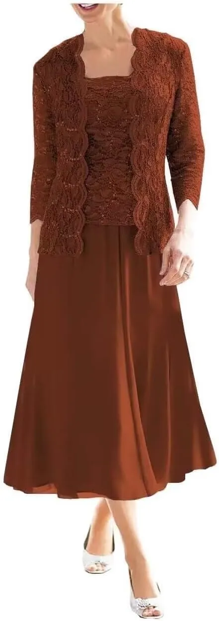 Women's 2 Pieces Mother of The Bride Dresses with Jackets Tea Length Lace Sequin Formal Dresses for Women Wedding Guest