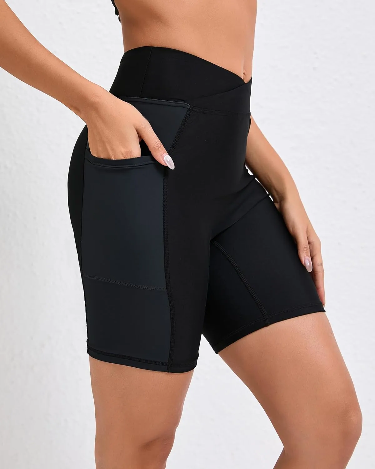 Women's 7" Plus Size Cross High Waisted Board Shorts with Side Pockets Boyshorts Swimsuit Bottoms