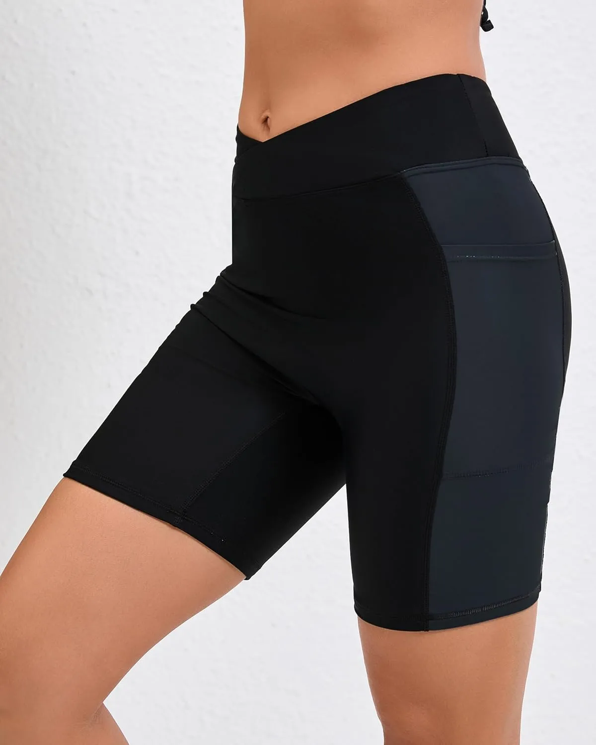 Women's 7" Plus Size Cross High Waisted Board Shorts with Side Pockets Boyshorts Swimsuit Bottoms