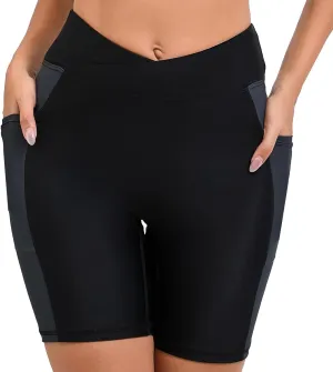 Women's 7" Plus Size Cross High Waisted Board Shorts with Side Pockets Boyshorts Swimsuit Bottoms
