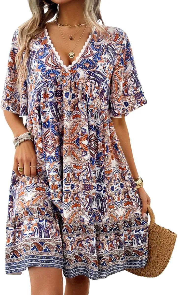 Women's Boho Floral Printed Lace Dress Loose V-Neck Summer Casual Beach Flowy Ruffle Sleeve Babydoll Dress