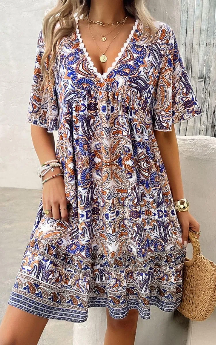 Women's Boho Floral Printed Lace Dress Loose V-Neck Summer Casual Beach Flowy Ruffle Sleeve Babydoll Dress