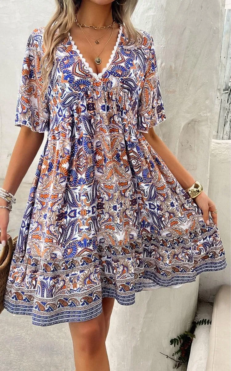 Women's Boho Floral Printed Lace Dress Loose V-Neck Summer Casual Beach Flowy Ruffle Sleeve Babydoll Dress