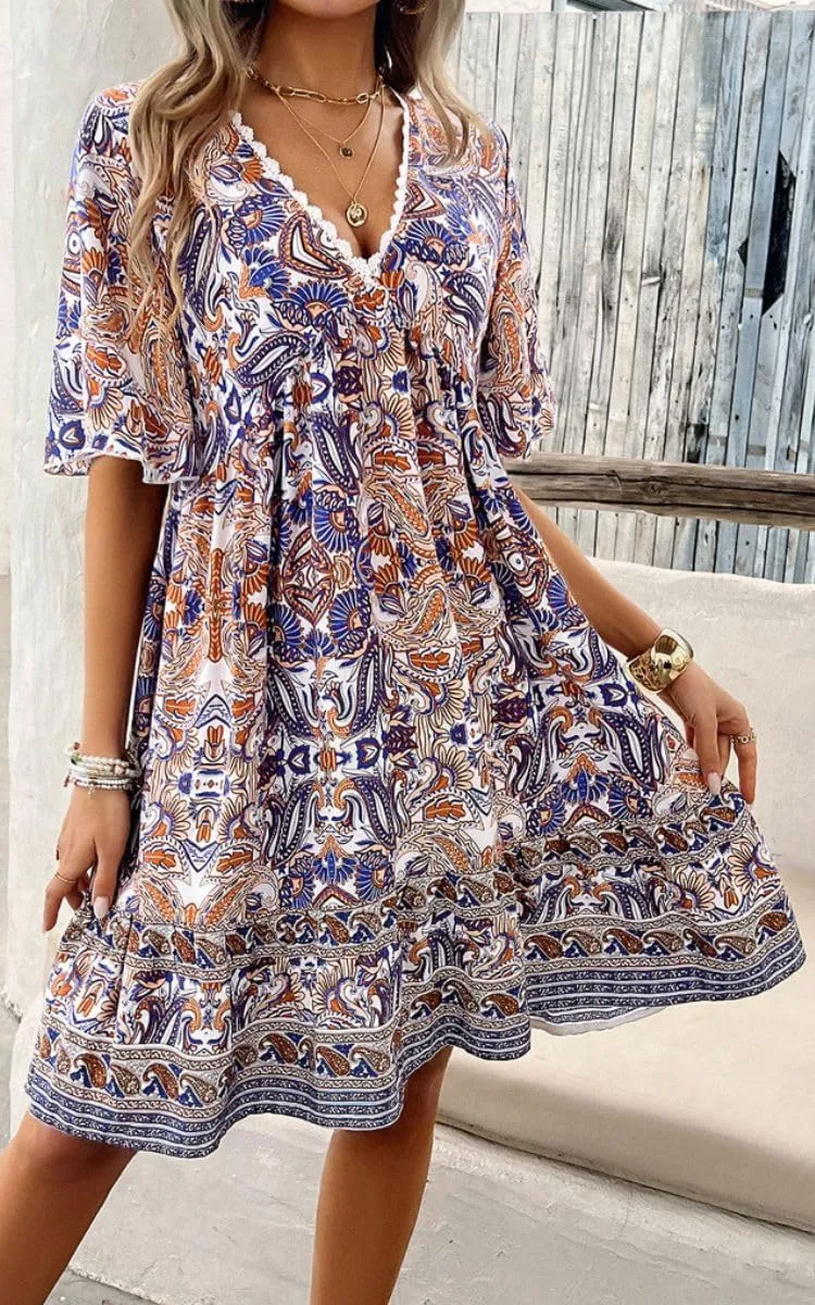 Women's Boho Floral Printed Lace Dress Loose V-Neck Summer Casual Beach Flowy Ruffle Sleeve Babydoll Dress
