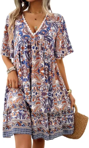 Women's Boho Floral Printed Lace Dress Loose V-Neck Summer Casual Beach Flowy Ruffle Sleeve Babydoll Dress
