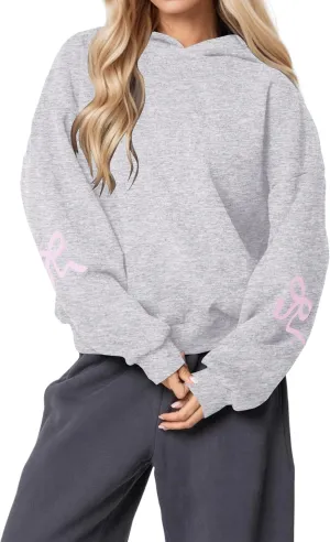 Women's Bow Print Hoodies Oversized Long Sleeve Drop Shoulder Casual Pullover Top Y2k Hooded Sweatshirts Streetwear