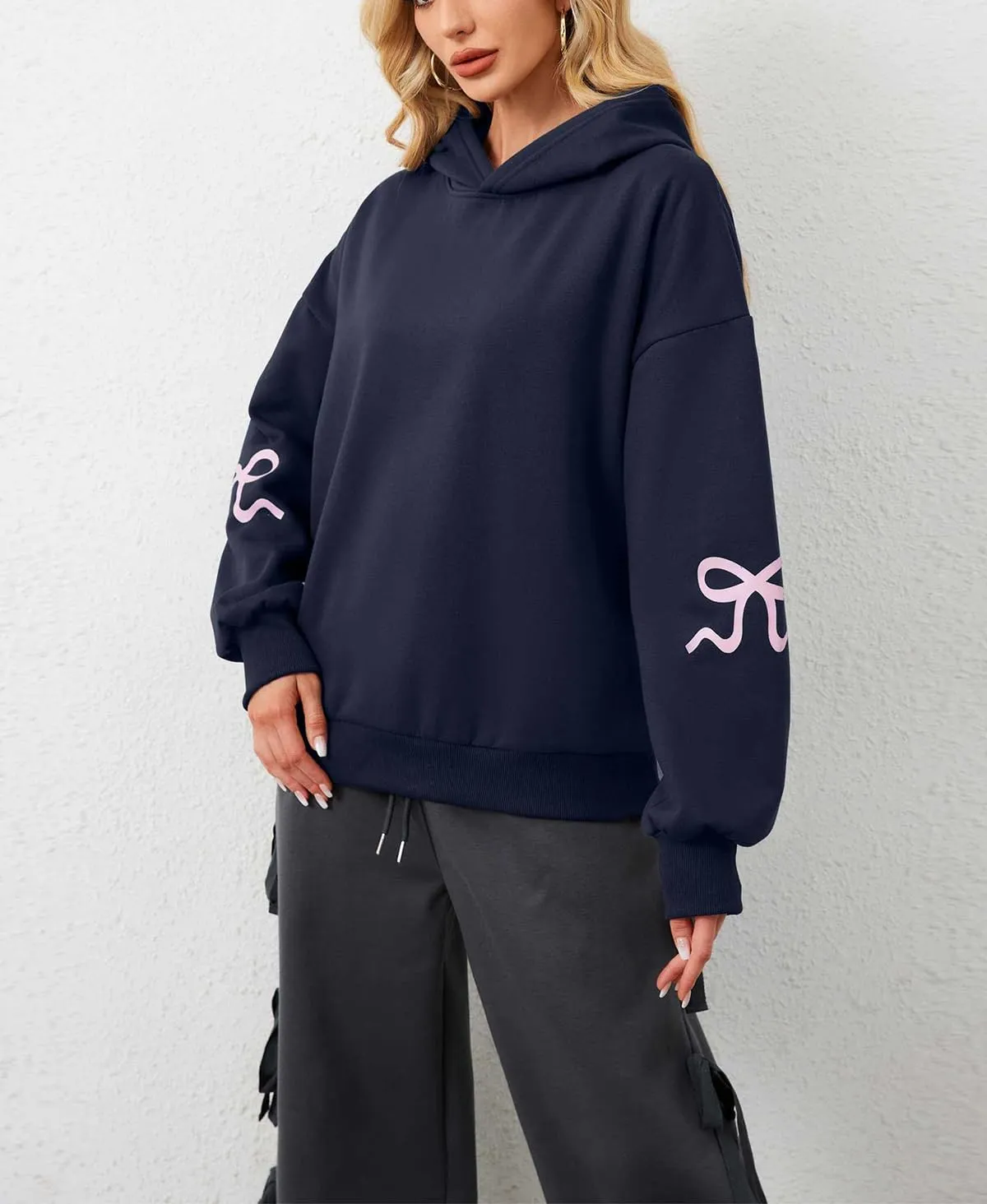 Women's Bow Print Hoodies Oversized Long Sleeve Drop Shoulder Casual Pullover Top Y2k Hooded Sweatshirts Streetwear