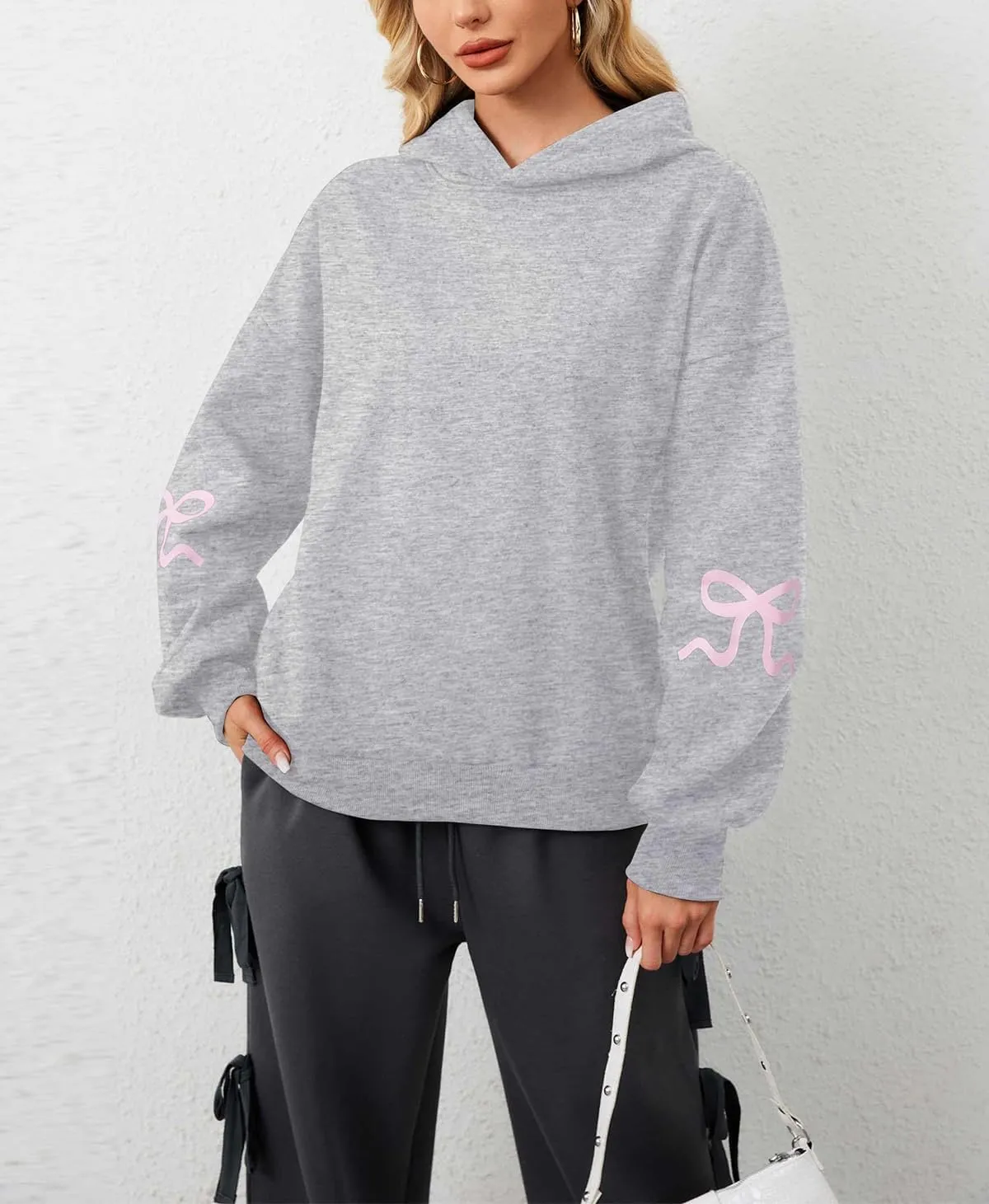 Women's Bow Print Hoodies Oversized Long Sleeve Drop Shoulder Casual Pullover Top Y2k Hooded Sweatshirts Streetwear