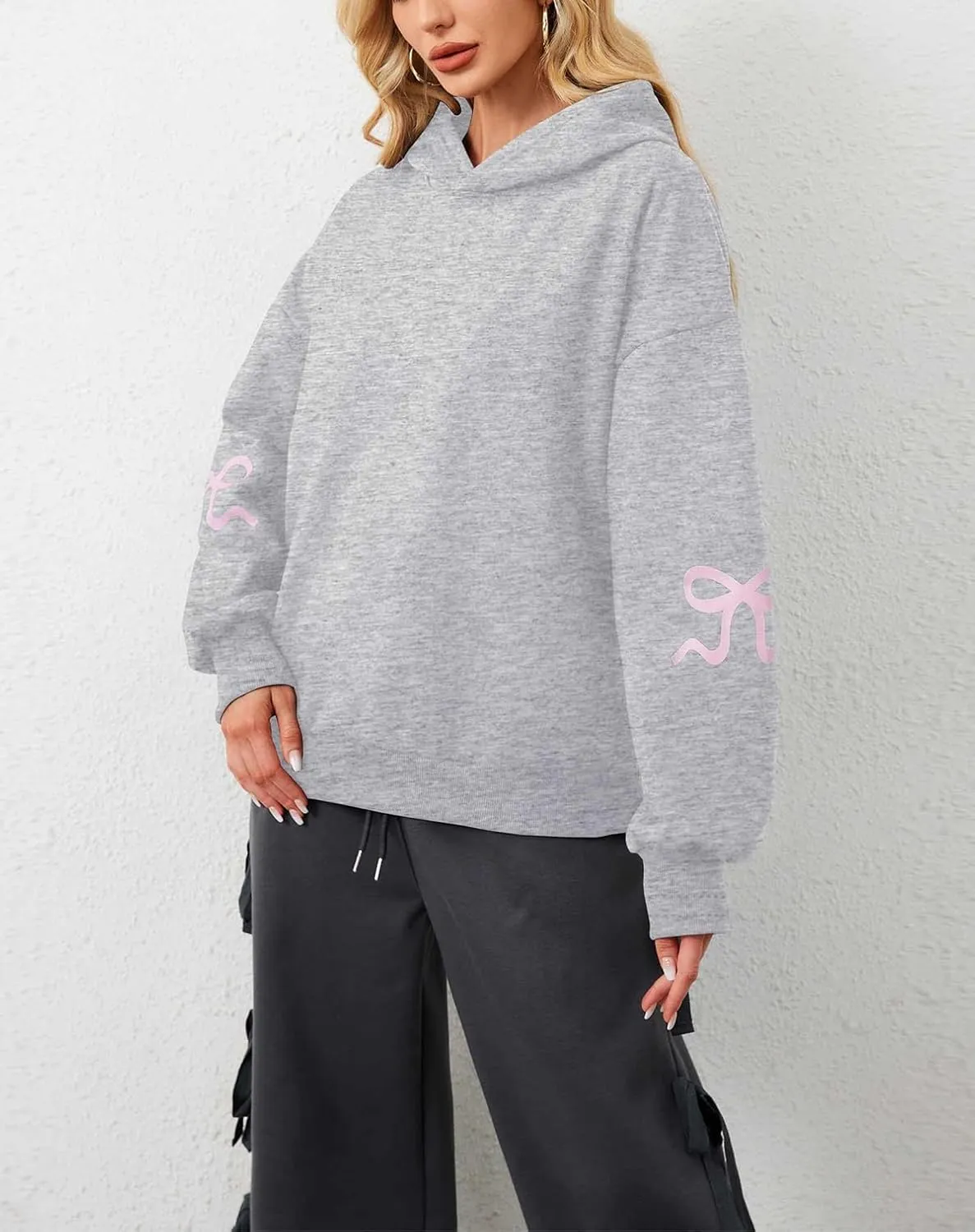 Women's Bow Print Hoodies Oversized Long Sleeve Drop Shoulder Casual Pullover Top Y2k Hooded Sweatshirts Streetwear