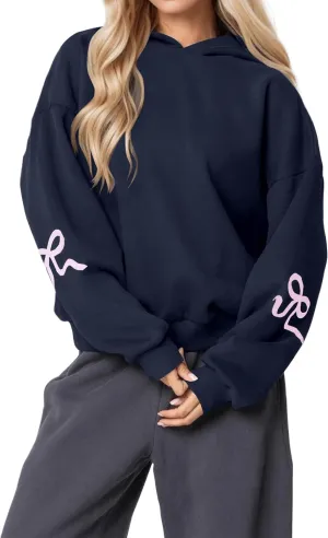 Women's Bow Print Hoodies Oversized Long Sleeve Drop Shoulder Casual Pullover Top Y2k Hooded Sweatshirts Streetwear