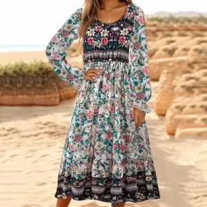 Women's Casual Flowy Bohemian Floral Long Sleeve Dress Plus Size Crew Neck Loose Vintage Colorful Midi Dress with Pockets