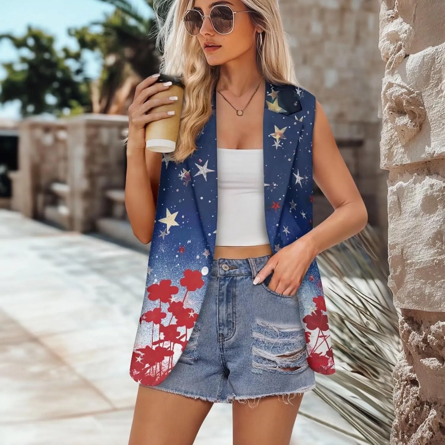 Womens Casual Suit Loose Fit One Button Waistcoat Sleeveless Blazer Jacket Dressy Suit Jacket