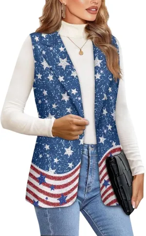 Womens Casual Suit Loose Fit One Button Waistcoat Sleeveless Blazer Jacket Dressy Suit Jacket