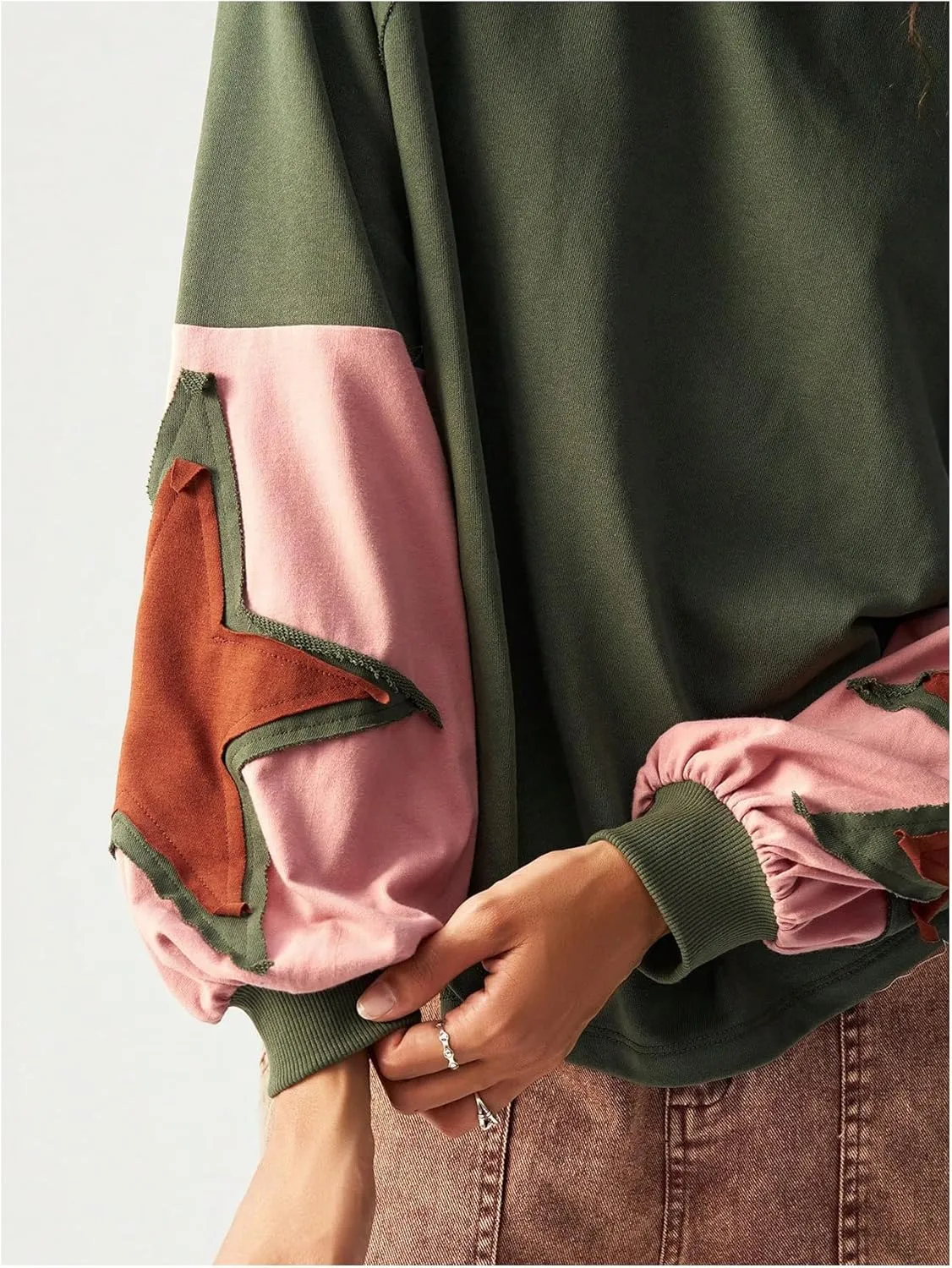 Women's Color Block Crew Neck Sweatshirt Floral Decor Long Sleeve Pullover Tops Boho Shirt